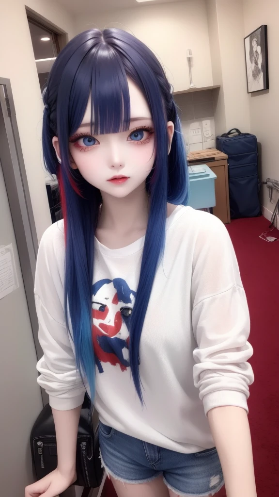 masterpiece, best quality, highly detailed,1girl,indoors, adult, split-color hair, red and blue hair, hair over eye, clothes, blue eyes、From head to toe、