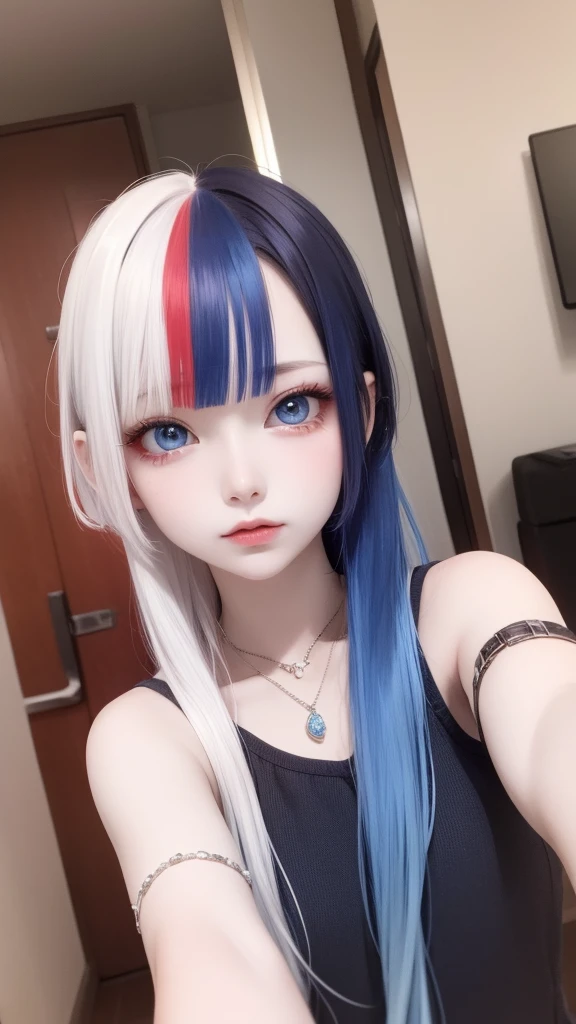 masterpiece, best quality, highly detailed,1girl,indoors, adult, split-color hair, red and blue hair, hair over eye, clothes, blue eyes、From head to toe、