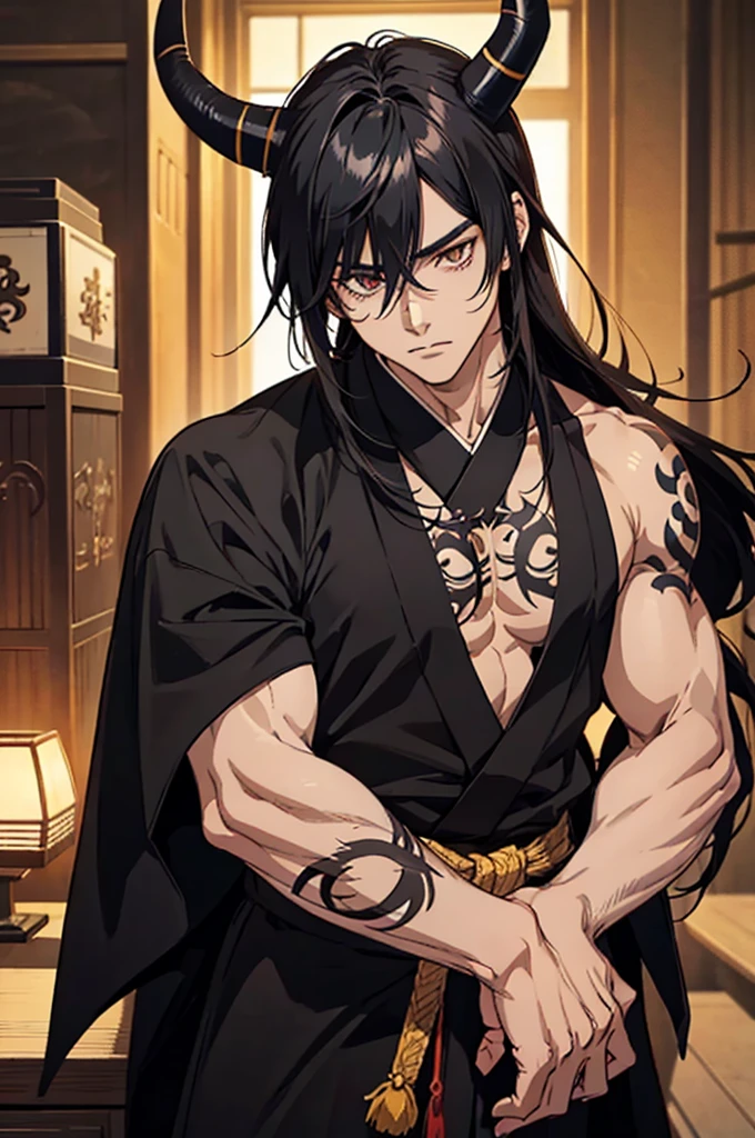 anime, male, muscular, tattoos, two black horns protruding from hair, golden eyes, bangs, beautiful, handsome japanese demon, detailed digital anime art, medium length black hair, male anime character, inspired by tite kubo, mid 20s, masterpiece, light pencil strokes