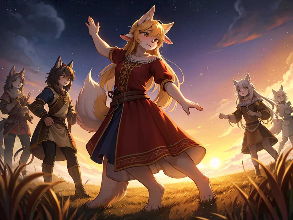 Hallucination, daydream , nightmare , bokeh , messy Wolves and sheeps dancing in a sea of golden wheat , sun set , dancing blur , Clothing of peasant women in medieval Europe , Sexual freak festival , Feeling open-minded and bold , Kama Sutra