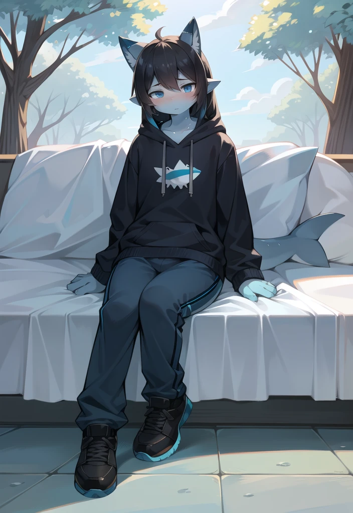 (Shark, furry, anthropomorphic), female, sitting on bed, bedroom background, outside, wearing grey sweat pants, wearing woodland camo hoodie, Furry art, light blue arms, big Shark tail, light blue legs, (light blue skin, whole body, Best quality, human like body figure), Noon, black hair, wearing black shoes, face blush