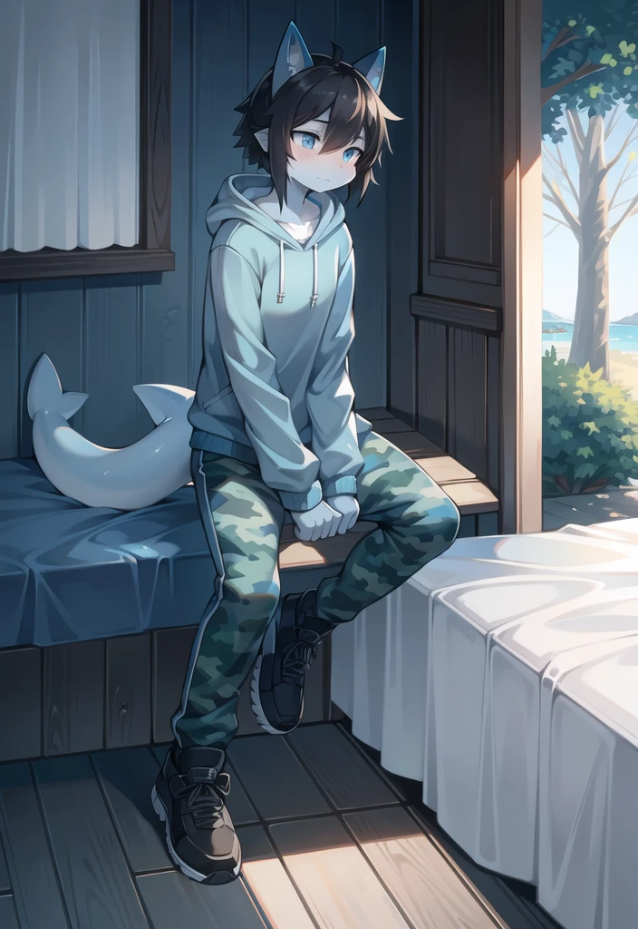 (Shark, furry, anthropomorphic), female, sitting on bed, bedroom background, outside, wearing grey sweat pants, wearing woodland camo hoodie, Furry art, light blue arms, big Shark tail, light blue legs, (light blue skin, whole body, Best quality, human like body figure), Noon, black hair, wearing black shoes, face blush