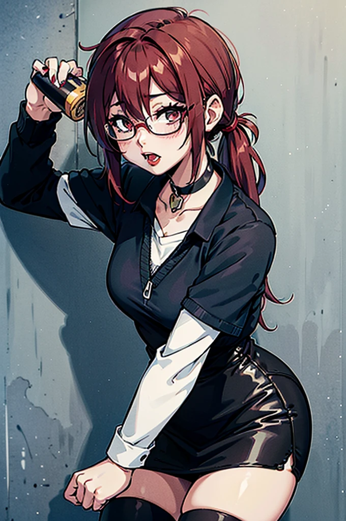 cel shading, detailed eyes, highly detailed, masterpiece, best quality, solo woman, black square glasses, hair between eyes, long side locks, long dark red hair, detailed nose, red lipstick, hair in long ponytail, ponytail, black choker, pencil skirt, white long sleeve, black vest, stockings, holding beer, leaning against wall, vampire teeth, 