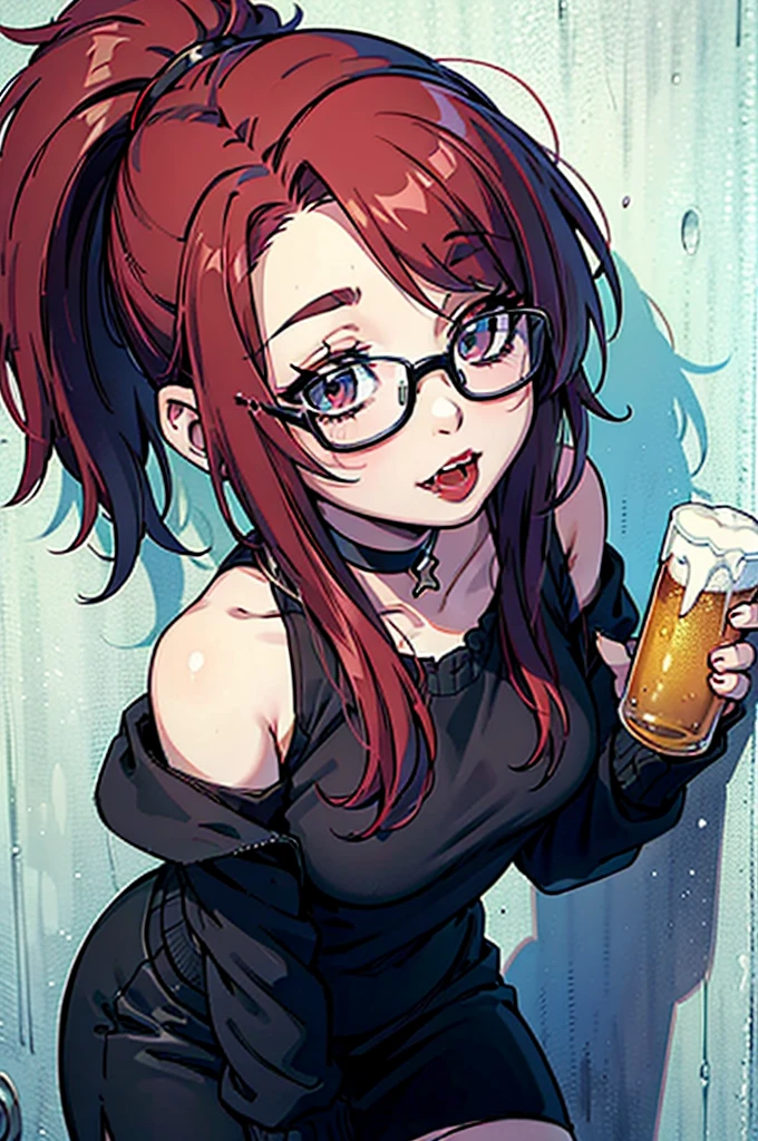 cel shading, detailed eyes, highly detailed, masterpiece, best quality, solo woman, black square glasses, hair between eyes, long side locks, long dark red hair, detailed nose, red lipstick, hair in long ponytail, ponytail, black choker, pencil skirt, white long sleeve, black vest, stockings, holding beer, leaning against wall, vampire teeth, 