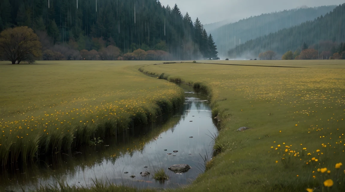 Quiet landscape with no people, no flowers, close-up near ground of deep green meadow wet with rain, lots of raindrops on grass in close-up, lots of rain falling on mirror-like water surface where nothing is placed, rain falling all the time, cloudy sky beyond meadow, rain continues to fall Landscape, Photo, Best Quality, High Quality, Highres:1.4, Detail, Highly Detailed, Ambient Soft Lighting, 4K, Background, Depth of Field,