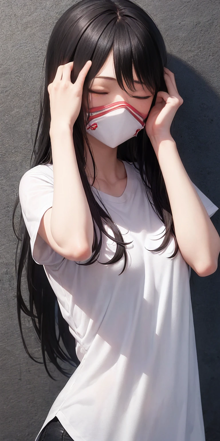 (masterpiece, best quality:1.2), solo, 1girl, unamused, facepalm, covered face, long hair, black hair, closed eyes, white shirt, short sleeves 