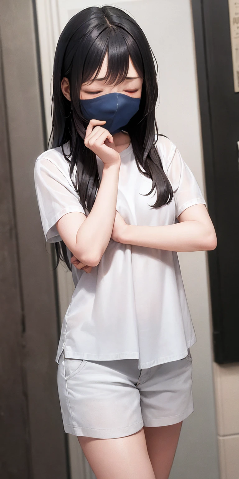 (masterpiece, best quality:1.2), solo, 1girl, unamused, facepalm, covered face, long hair, black hair, closed eyes, white shirt, short sleeves