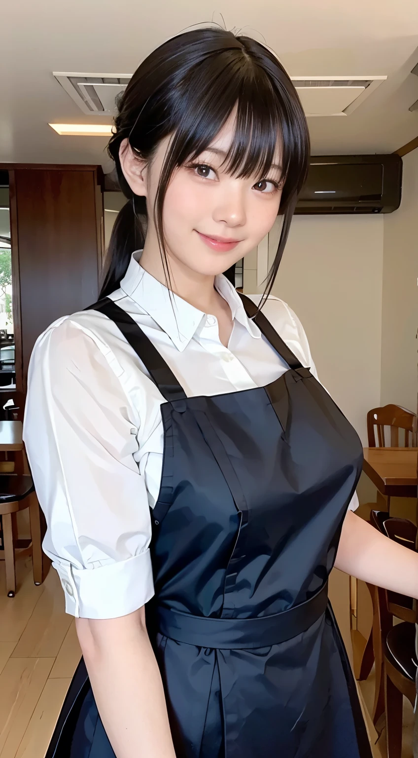 (highest quality,masterpiece:1.3,Ultra-high resolution,),(Very detailed,Caustics),(Realistic:1.4,RAW shooting,)Ultra-Realistic Capture,Very detailed,High resolution 16K human skin closeup。 Natural skin texture、,pores、、、、It must be detailed enough to be easily identifiable。 Skin tone is even and healthy looking。 Use natural light and color,restaurant,Waitress Uniform,1 girl,Japanese,18-year-old,cute,Black-haired,ponytail,Big Breasts,smile,Turn your body forward,(Front view:1.1),Looking into the camera,Cowboy Shot,