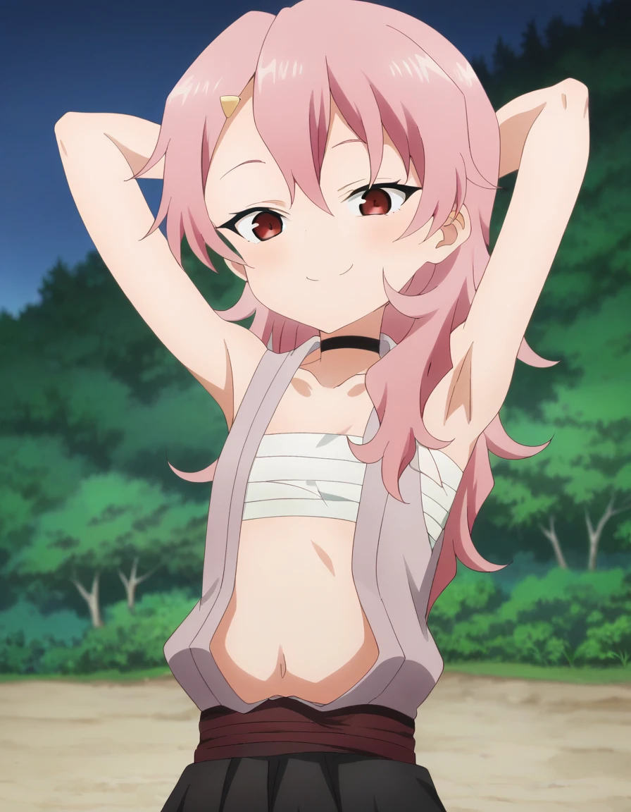 benisumomo, anime coloring ,BREAK source_anime, anime, long hair, hair ornament, red eyes, navel, pink hair, japanese clothes, choker, hairclip, flat chest, black choker, sarashi, chest sarashi, black skirt, high quality, solo, night sky, beach, arms behind head, contrapposto, closed mouth, spread armpits, (cowboy shot:1.5), looking at viewer, smile, best quality, puffing chest, sexy, head down,
