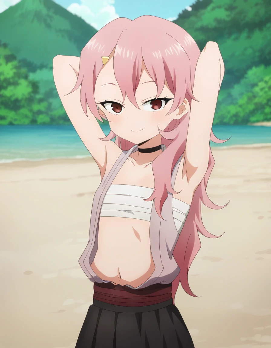 benisumomo, anime coloring ,BREAK source_anime, anime, long hair, hair ornament, red eyes, navel, pink hair, japanese clothes, choker, hairclip, flat chest, black choker, sarashi, chest sarashi, black skirt, high quality, solo, night sky, beach, arms behind head, contrapposto, closed mouth, spread armpits, (cowboy shot:1.5), looking at viewer, smile, best quality, puffing chest, sexy, head down,