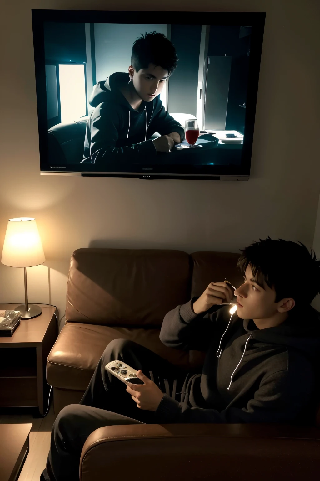 I would like a photograph Depicting a room with a sofa and TV The image should show the lights off with the TV on Illumination of the TV light In the center of the image a boy in a hood smoking sitting on the sofa looking at the TV In the background there are drinks and money