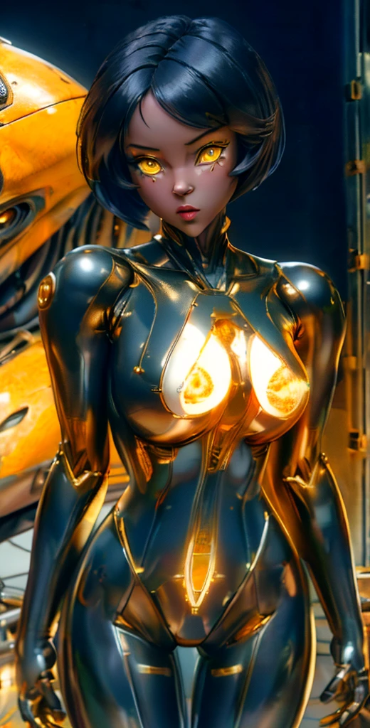 1 girl, solo, (look at viewer), ((Best quality)), ((masterpiece)), (detailed:1.4), ((upper body)), 3D, an image of a beautiful cyberpunk female,HDR (High Dynamic Range), Ray Tracing,NVIDIA RTX,Super-Resolution,Unreal 5,Subsurface scattering,PBR Texturing,Post-processing,Anisotropic Filtering,Depth-of-field,Maximum clarity and sharpness,Multi-layered textures,Albedo and Specular maps,Surface shading,Accurate simulation of light-material interaction,Perfect proportions,Octane Render,Two-tone lighting,Wide aperture,Low ISO,White balance,Rule of thirds,8K RAW, (((yellow eyes))), (((liquid metal black short hair))), AlexTS, (dark skin:1.2), yellow eyes, black hair, short hair, medium breasts, yellow bodysuit, belt, (( gold amor))
