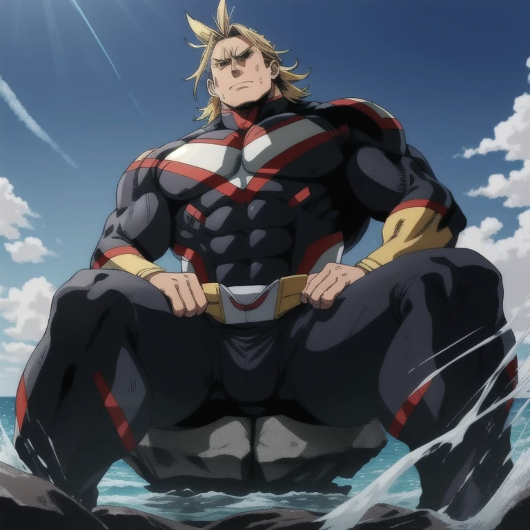 best quality, high resolution, manga, line, allmight, black bodysuit, hunk, wet clothes, from below, open legs, arms folded,