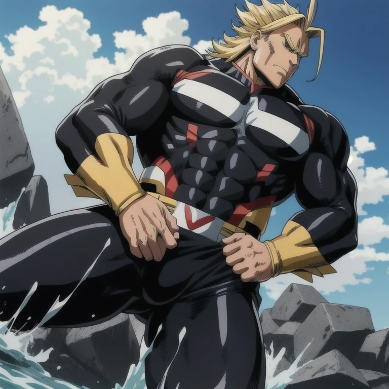 best quality, high resolution, manga, line, allmight, black bodysuit, hunk, wet clothes, from below, open legs, arms folded,