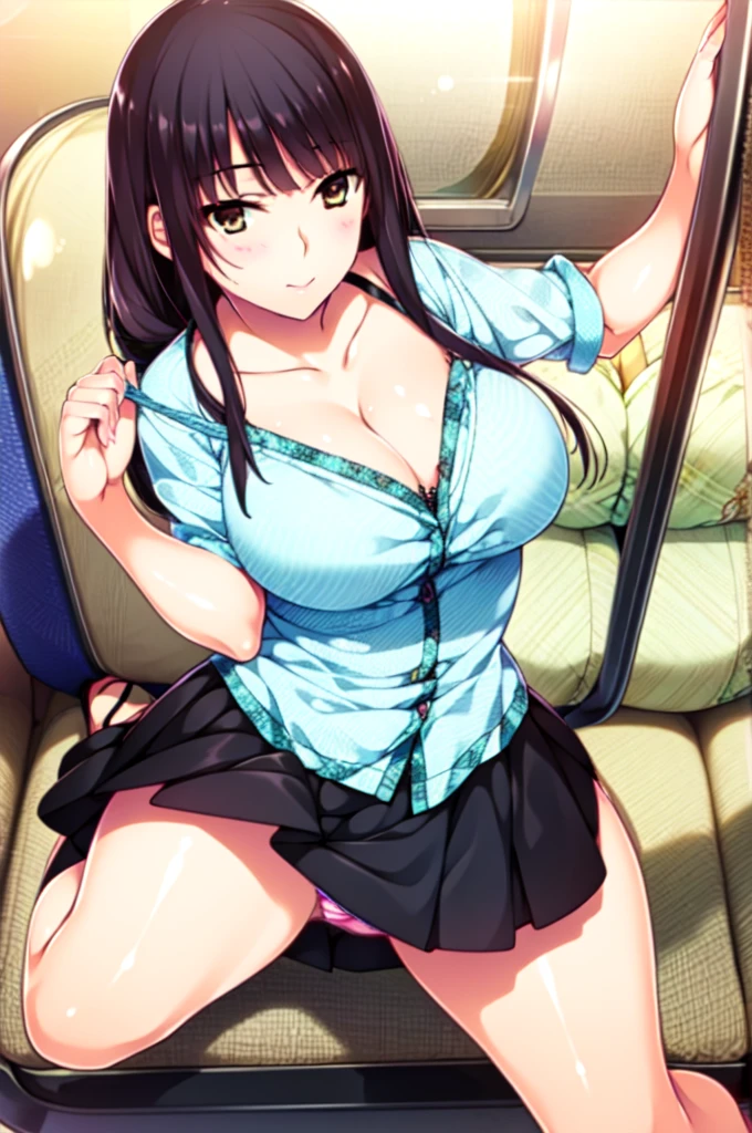 sit in a train seat, (Bend your knees, Panty shot), Camel Toe, , skirt,blush, (smile:0.7), (8k, RAW Photos, highest quality, masterpiece:1.2), 1 girl,alone,Mature Woman,Black Hair,Brown eyes,Long Hair, chest, chestの谷間, Observe the audience,I can see her panties,Showing off panties,