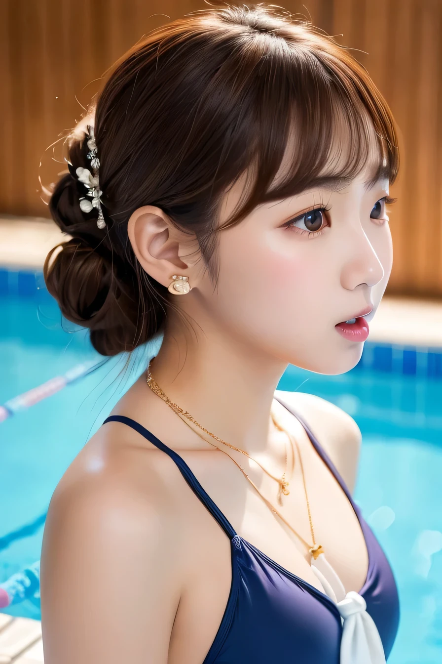 Beautiful Young Woman of the Year、 Korean women、Brown Hair、Necklace around the neck、Woman in swimsuit、Tie your hair back、Open your mouth a little、hair band、Intricate details, Very detailed:1.2), 、 Looking into the camera,background is indoor pool、ear piercing