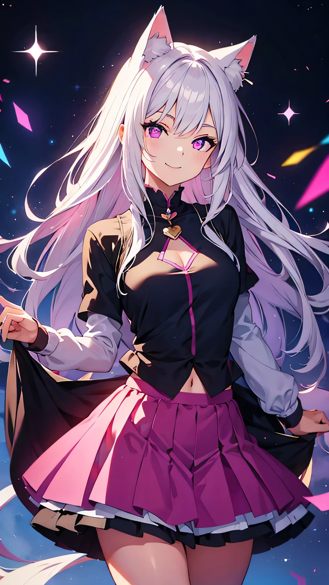 anime,Sparkling eyes,Highlighted eyes,Medium chest,pretty girl,smile,Cat ear,Beautiful silver hair,Pink inside,Beautiful pink eyes,Oversized shirt,skirt,black tights
