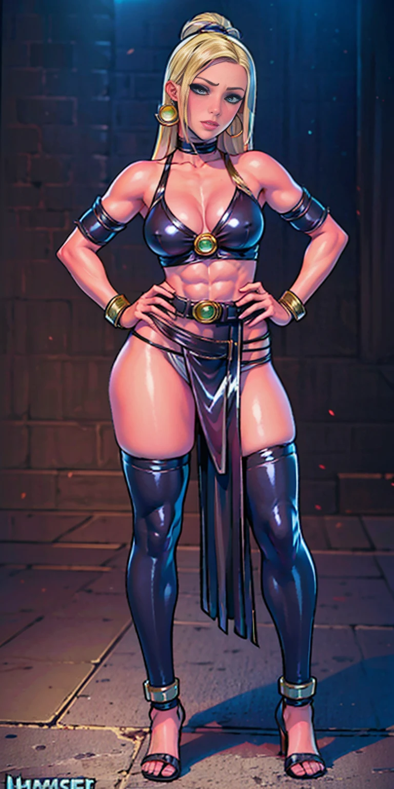 full body toe to head, masterpiece, 1soloMILF BIMBO standing loincloth pose, leather collar choker neck bell shackles wristbands bracers bracelets sleeves and stockings, strong body, abs, shiny skin (masterpiece, best quality) 1girlsolo wearing 40K Warhammer sisters of battle whsororitas wearing a big belt (Nylon Belt for Women) (plain background)