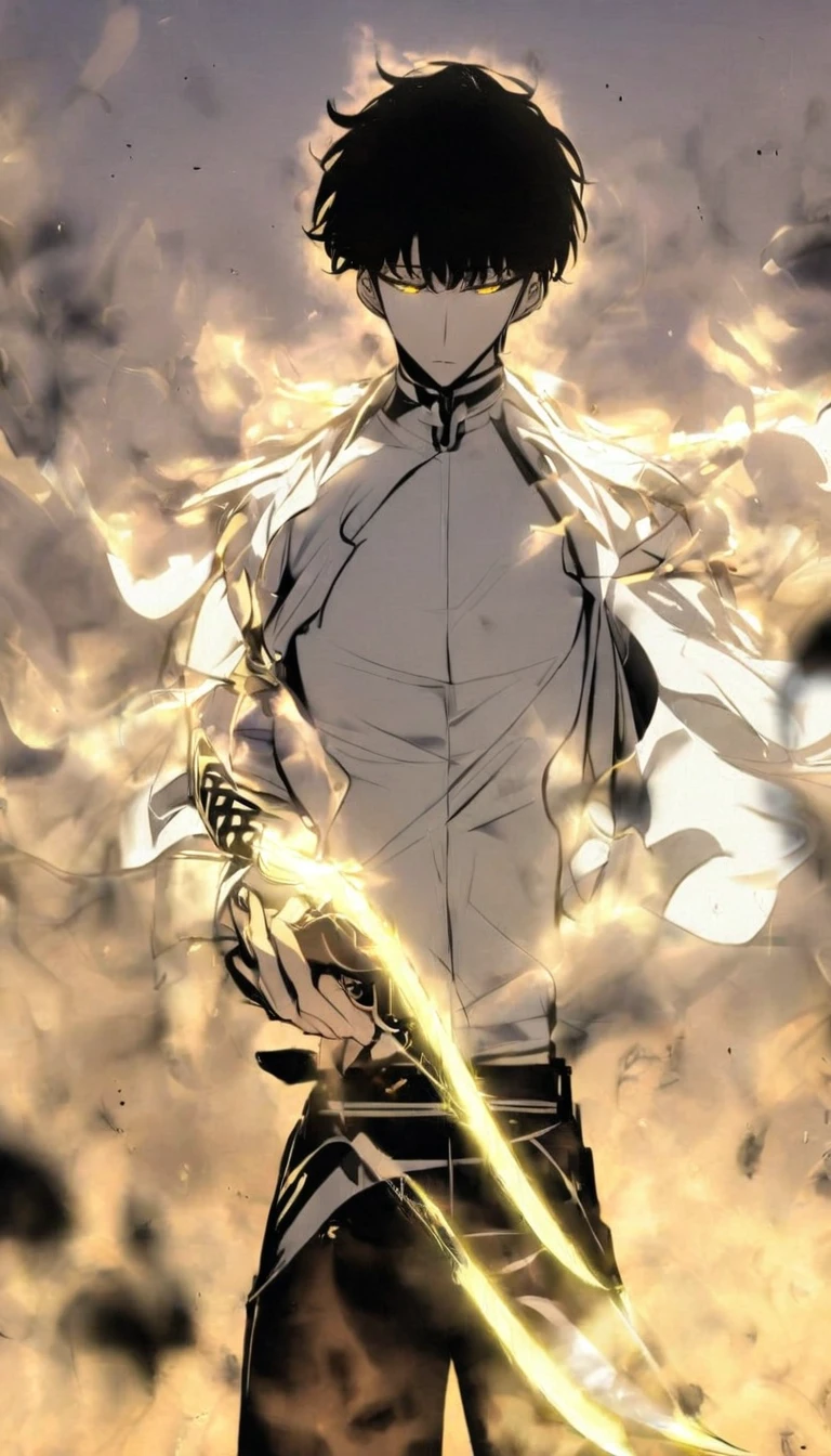 Handsome, alone, male, Short hair, Calm head, black hair, yellow eyes, white shirt, black pants, white coat, white flame,holding a katana in one hand, The blade glows yellow and white