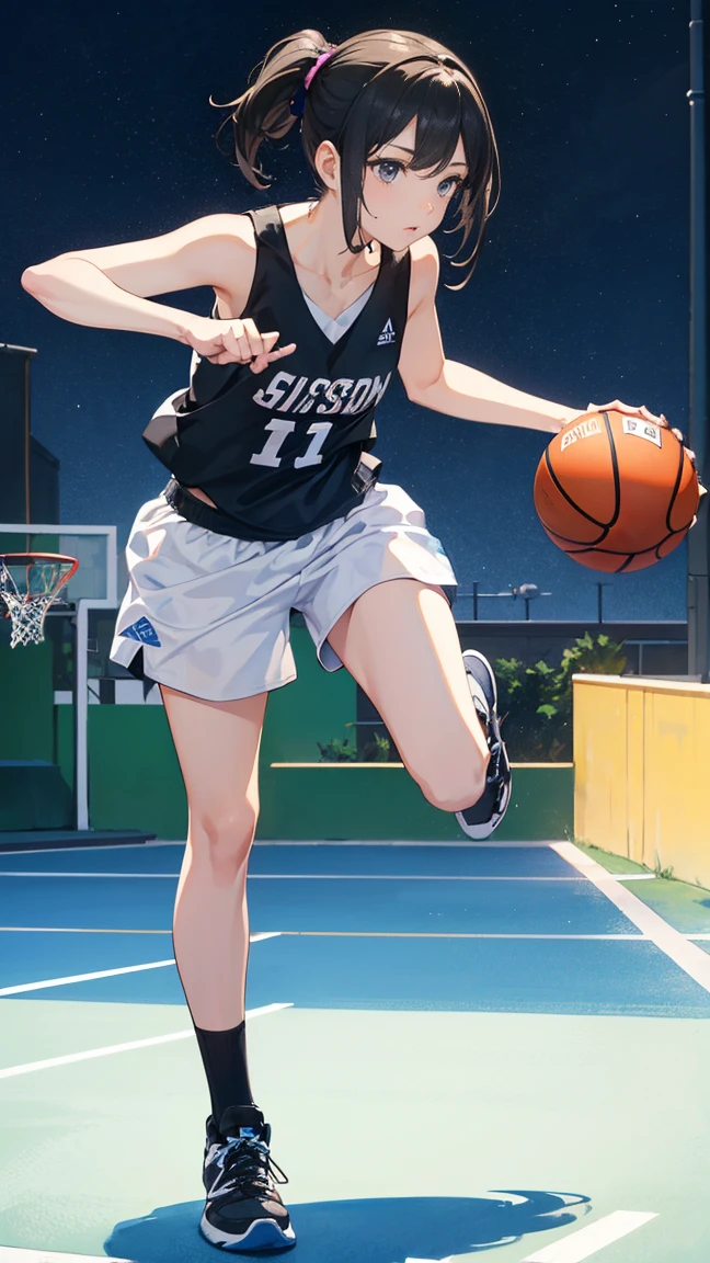 (best quality), (masterpiece), 1 girl, playing basketball, dribbling the ball, running, outdoor basketball court, wearing a sleeveless t-shirt, on the t-shirt the name "WPO" and the number 1, light skin , sunny, full body photo (bright eyes), (black eyes), highly detailed, (simple), sweet, open background, simple background