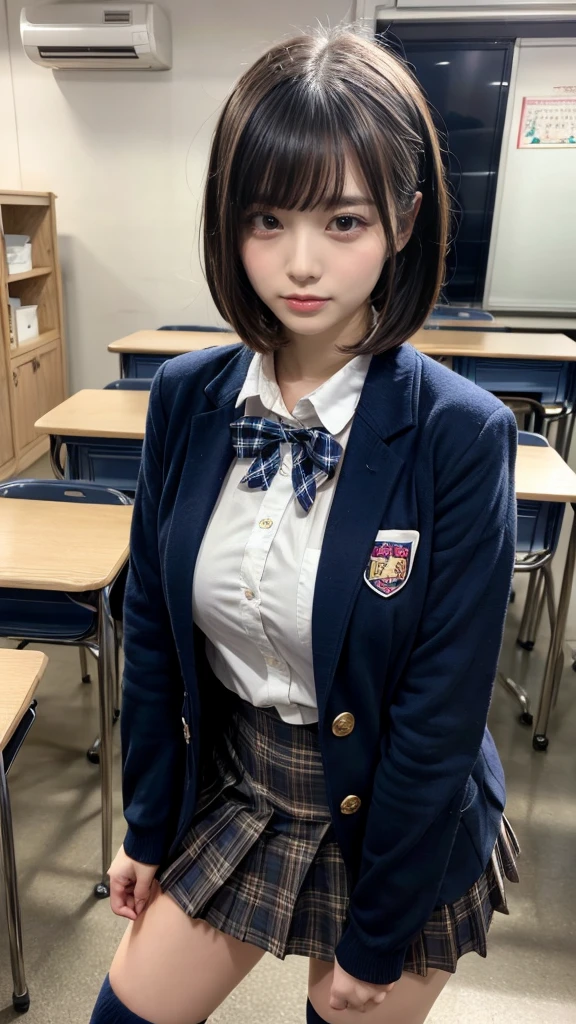 masterpiece, best quality, illustration, Super detailed, fine details, High resolution, 8K,wall paper, perfect dynamic composition,(Details High quality, realistic depiction of eyes:1.3), from side, High School Classroom、High school girl uniform、blazer 、Super Short Check Uniform Skirt、Navy blue high socks、garterbelts、Colossal tits、Disturbed uniform, short bob hair, black hair color, huge breasts, Big Natural Color Lip, bold sexy pose, (perfect body shape), crying a little、Harajuku style、20 year old girl、 beautiful legs, hposing Gravure Idol, Voluptuous thighs