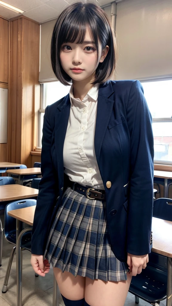 masterpiece, best quality, illustration, Super detailed, fine details, High resolution, 8K,wall paper, perfect dynamic composition,(Details High quality, realistic depiction of eyes:1.3), from side, High School Classroom、High school girl uniform、blazer 、Super Short Check Uniform Skirt、Navy blue high socks、garterbelts、Colossal tits、Disturbed uniform, short bob hair, black hair color, huge breasts, Big Natural Color Lip, bold sexy pose, (perfect body shape), crying a little、Harajuku style、20 year old girl、 beautiful legs, hposing Gravure Idol, Voluptuous thighs