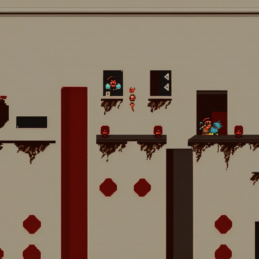 visual novel background, horror, brown black and red colors, creepy restaurant, pixel art. 