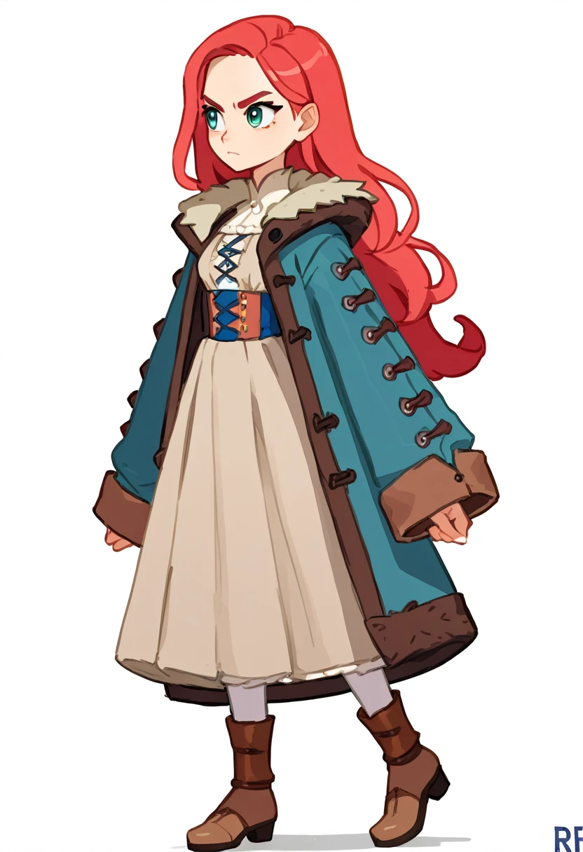 The Q version of the cute girl, wearing a medieval, serious expression, coat, long hair, pretty girl, rude, slim body, white background, full body