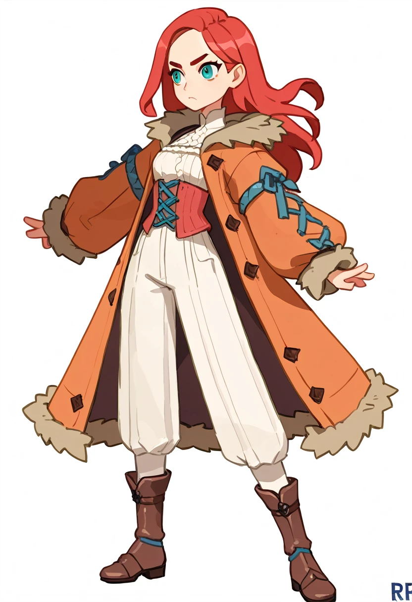 The Q version of the cute girl, wearing a medieval, serious expression, coat, long hair, pretty girl, rude, slim body, white background, full body