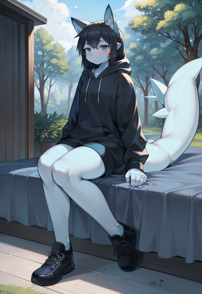 (Shark, furry, anthropomorphic), female, sitting on bed, bedroom background, outside, not wearing pants, wearing woodland camo hoodie, Furry art, light blue arms, big Shark tail, light blue legs, (light blue skin, whole body, Best quality, human like body figure), Noon, black hair, wearing black shoes, face blush