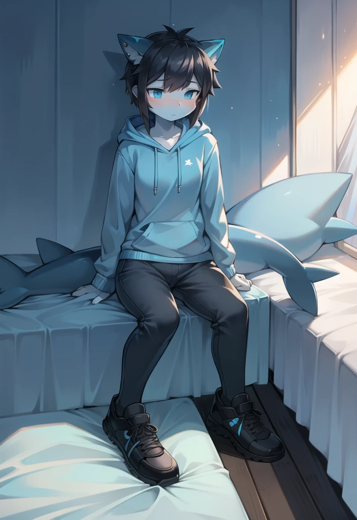 (Shark, furry, anthropomorphic), female, sitting on bed, bedroom background, outside, not wearing pants, wearing woodland camo hoodie, Furry art, light blue arms, big Shark tail, light blue legs, (light blue skin, whole body, Best quality, human like body figure), Noon, black hair, wearing black shoes, face blush