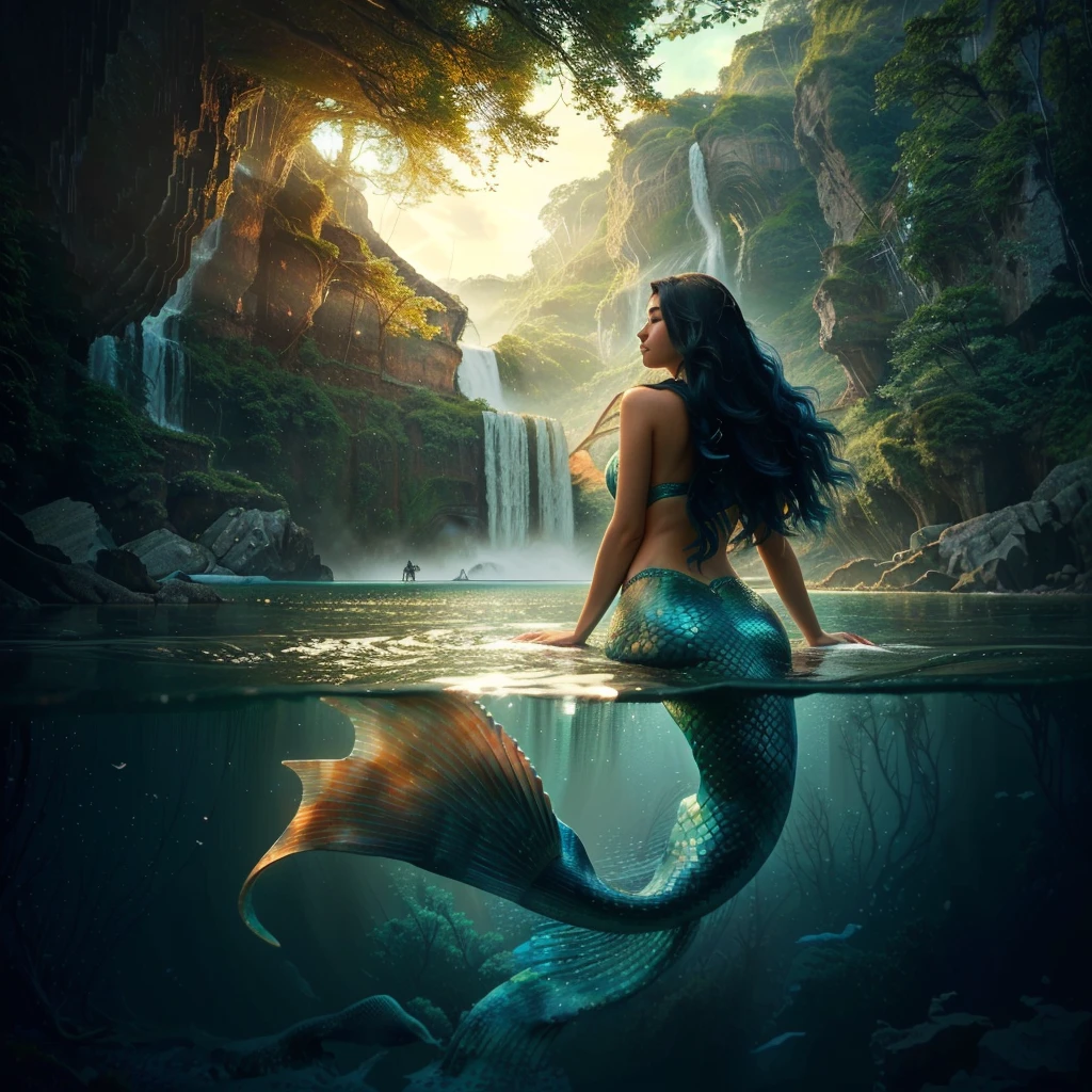 mermaid sitting on a rock in the water with a waterfall in the background, beautiful mermaid, beautiful digital artwork, mermaid, mermaid in distance, by Rudy Siswanto, breathtaking fantasy art, a mermaid in the sea, fantasy digital art, very beautiful fantasy art, beautiful fantasy art, beautiful digital art, very beautiful digital art, trending digital fantasy art, gorgeous digital art