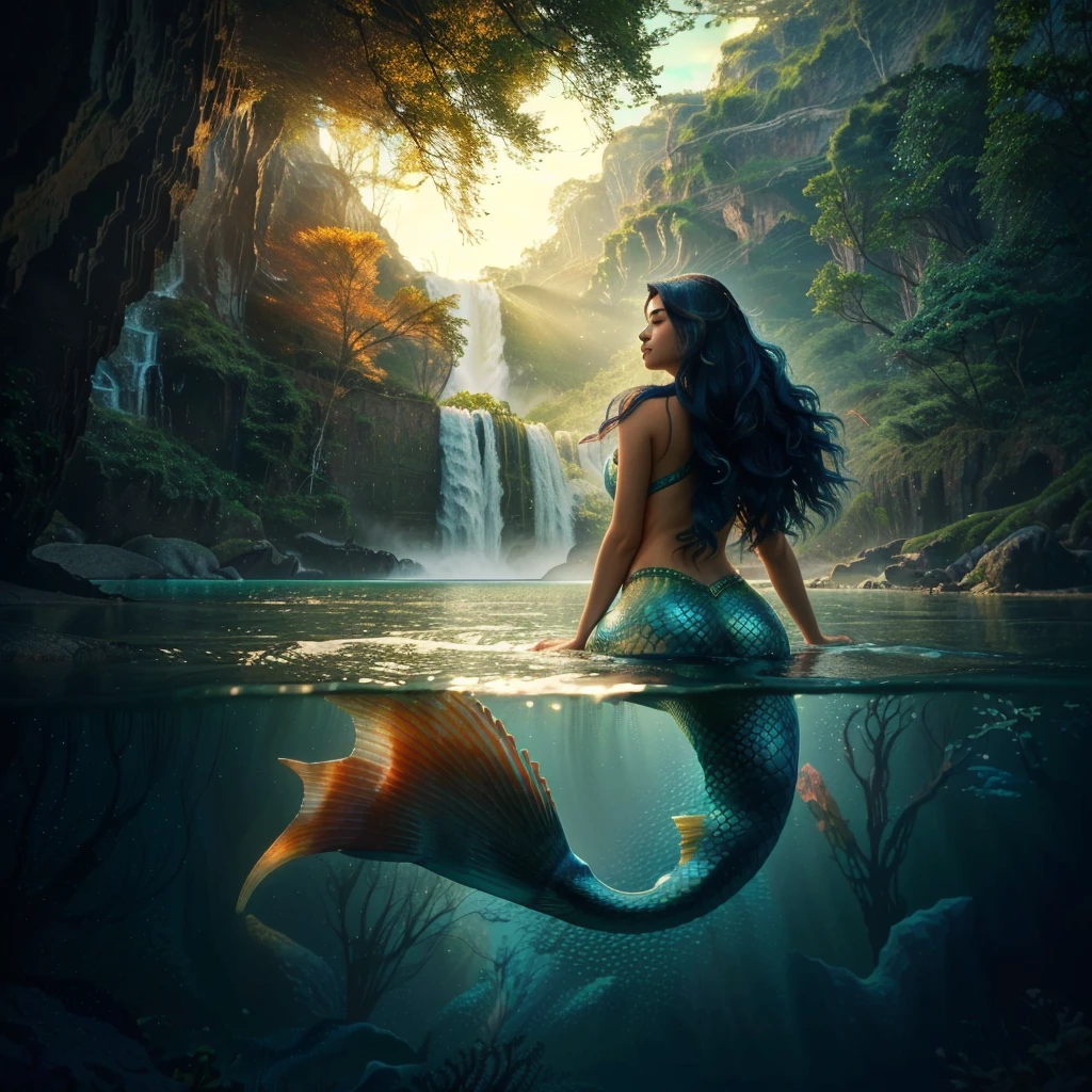 mermaid sitting on a rock in the water with a waterfall in the background, beautiful mermaid, beautiful digital artwork, mermaid, mermaid in distance, by Rudy Siswanto, breathtaking fantasy art, a mermaid in the sea, fantasy digital art, very beautiful fantasy art, beautiful fantasy art, beautiful digital art, very beautiful digital art, trending digital fantasy art, gorgeous digital art