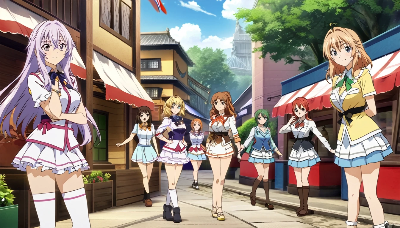 personajes de anime parados en una calle con una ciudad al fondo, violet garden, Tiempo dorado, Kyoto animation key image, finos detalles. chicas de primera linea, Kyoto Animation Anime Key Visual, dos hermosas chicas anime, visual clave de novela visual, chicas de primera linea cg, kyoto animation still, Ilustraciones oficiales del anime., arte clave de anime, chicas de primera linea style, official anime yet, arte oficial