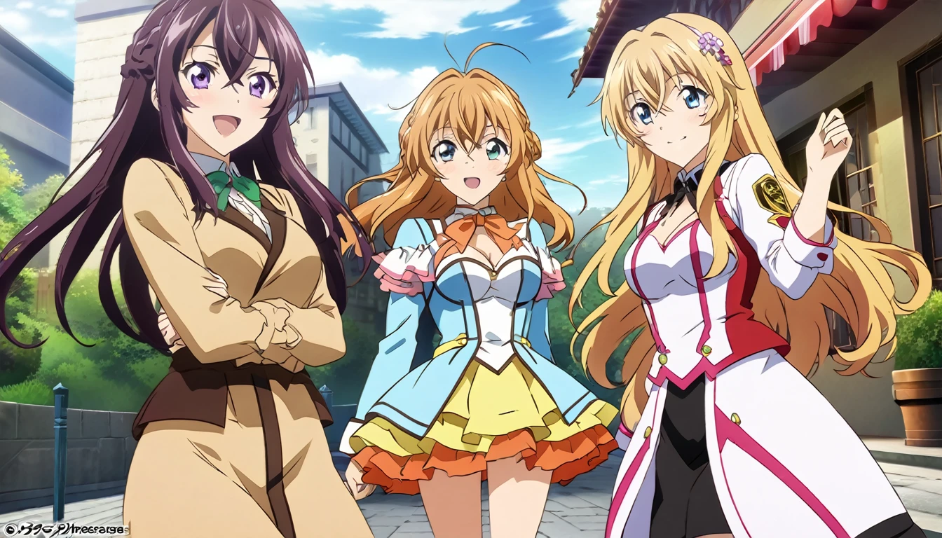 personajes de anime parados en una calle con una ciudad al fondo, violet garden, Tiempo dorado, Kyoto animation key image, finos detalles. chicas de primera linea, Kyoto Animation Anime Key Visual, dos hermosas chicas anime, visual clave de novela visual, chicas de primera linea cg, kyoto animation still, Ilustraciones oficiales del anime., arte clave de anime, chicas de primera linea style, official anime yet, arte oficial