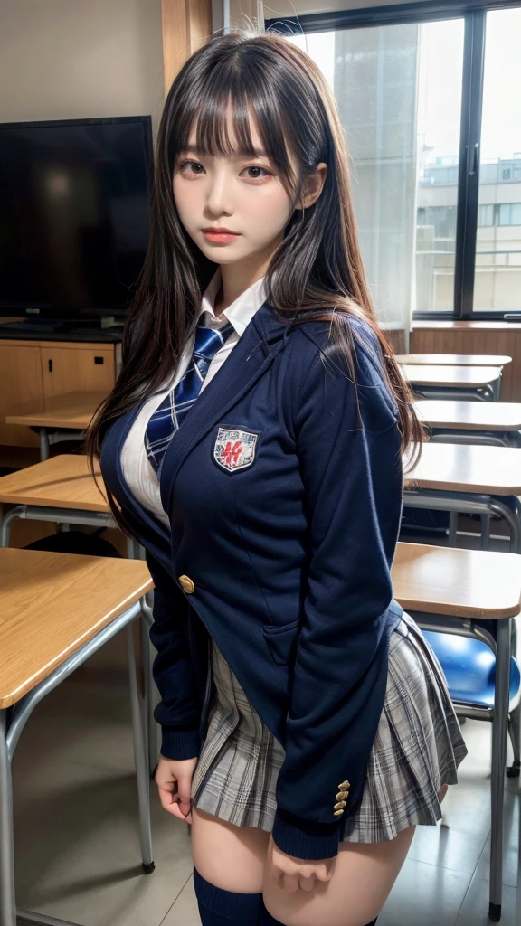 masterpiece, best quality, illustration, Super detailed, fine details, High resolution, 8K,wall paper, perfect dynamic composition,(Details High quality, realistic depiction of eyes:1.3), from side, High School Classroom、High school girl uniform、blazer 、Super Short Check Uniform Skirt、Navy blue high socks、garterbelts、Colossal tits、Disturbed uniform, straight hair, black hair color, huge breasts, Big Natural Color Lip, bold sexy pose, (perfect body shape), crying a little、Harajuku style、20 year old girl、 beautiful legs, hposing Gravure Idol, Voluptuous thighs