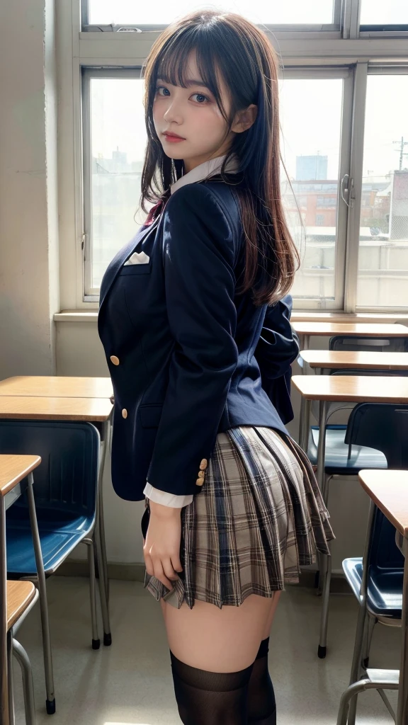 masterpiece, best quality, illustration, Super detailed, fine details, High resolution, 8K,wall paper, perfect dynamic composition,(Details High quality, realistic depiction of eyes:1.3), from side, High School Classroom、High school girl uniform、blazer 、Super Short Check Uniform Skirt、Navy blue high socks、garterbelts、Colossal tits、Disturbed uniform,  straight hair, black hair color, huge breasts, Big Natural Color Lip, bold sexy pose, (perfect body shape), crying a little、Harajuku style、20 year old girl、 beautiful legs, hposing Gravure Idol, Voluptuous thighs