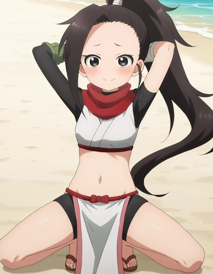  anime coloring, anime screencap, source_anime, anime,uncensored ,BREAK1girl,kunotsubaki, black eyes, black hair, long hair, asymmetrical bangs, forehead, high ponytail, ponytail,shirt, navel, red scarf, scarf short sleeves, pelvic curtain, shorts, green gloves, arm warmers, fingerless gloves, sandals, BREAK,  high quality, solo, 1girl, night sky, beach, arms behind head, contrapposto, closed mouth, spread armpits, (cowboy shot:1.5), looking at viewer, nervous, smile, best quality, blushing, spread legs, leaning back,