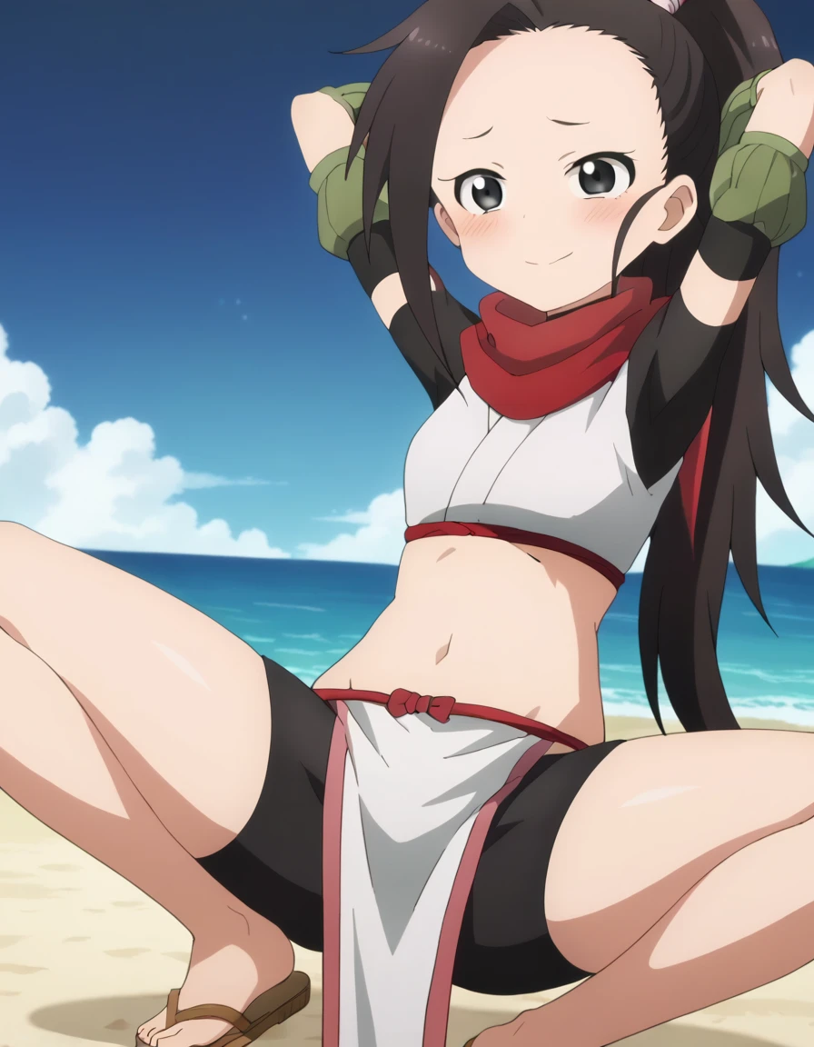 anime coloring, anime screencap, source_anime, anime,uncensored ,BREAK1girl,kunotsubaki, black eyes, black hair, long hair, asymmetrical bangs, forehead, high ponytail, ponytail,shirt, navel, red scarf, scarf short sleeves, pelvic curtain, shorts, green gloves, arm warmers, fingerless gloves, sandals, BREAK, high quality, solo, 1girl, night sky, beach, arms behind head, contrapposto, closed mouth, spread armpits, (cowboy shot:1.5), looking at viewer, nervous, smile, best quality, blushing, spread legs, leaning back,