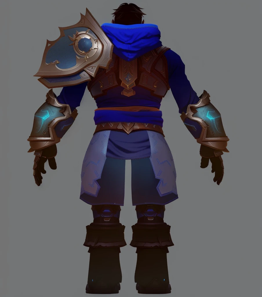Close-up of the back of a person wearing blue and brown clothing, a human Male Paladin, dark blue segmented armor, cloud mage robes, epic paladin armor, Male Paladin, kiranyana style, cotton cloud mage robes, Paladin armor back, World of Warcraft Armor, Dark blue leather armor, warcraft character, Wearing sculpted armor,3D Character Art,Ashe,2。5 D CGI Anime Fantasy Artwork,CGScosiety,Close-up characters,As seen on the Art Station