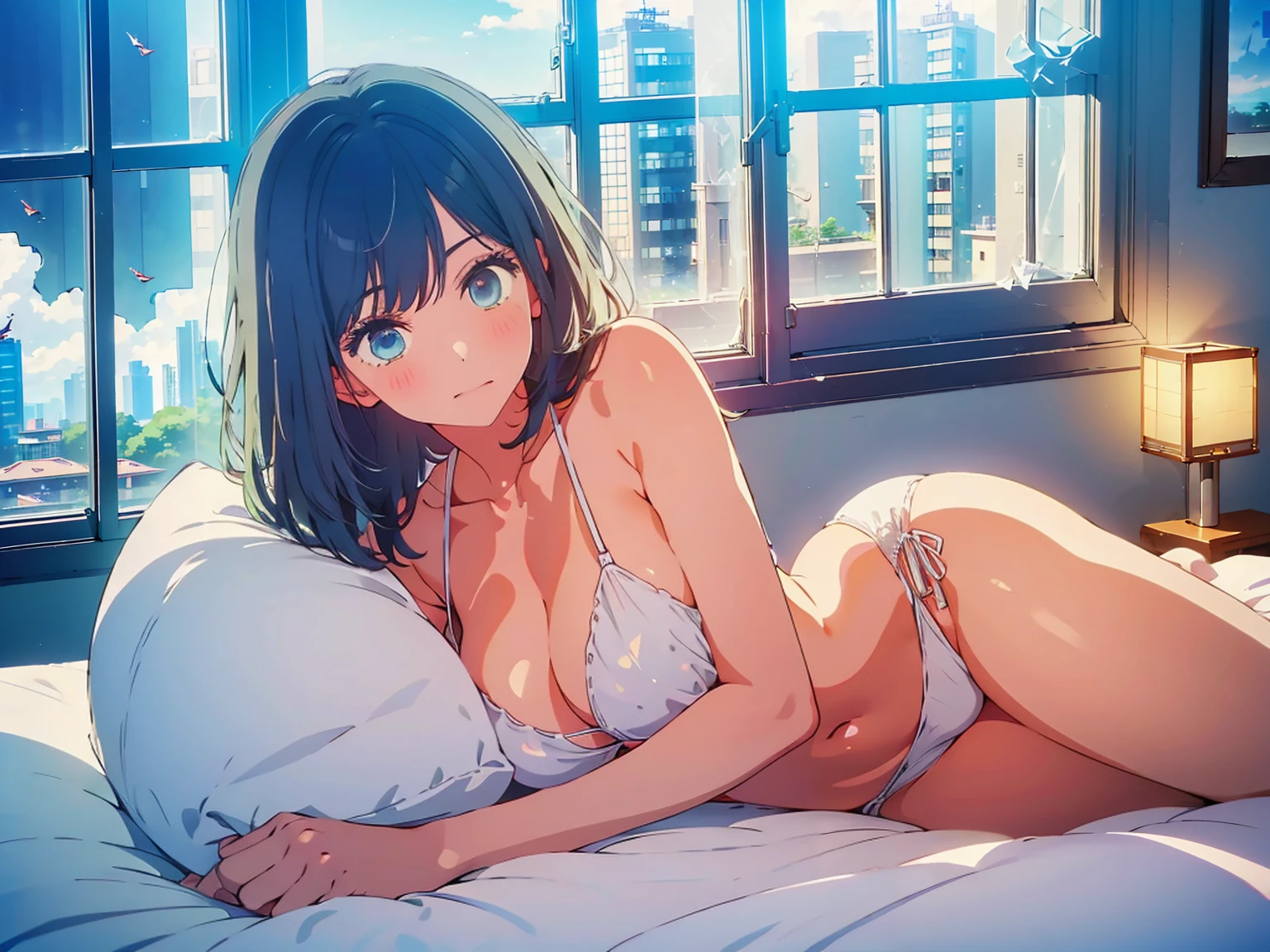 highest quality,8k,detailed,F cup bust、Big Breasts、Very cute face、Beautiful thighs、Best Beautiful Legs、Slim and beautiful arms、Slim body、Very white beautiful skin、((((1 person、looking at the camera、smile、Thin white bikini、smile、In the background are the urban buildings of Tokyo、Lie down、Hotel room、Stick your butt out、Window、On the bed))))、I can see the deep blue sky、The atmosphere is bright and lively、The woman is at the center of the image。
