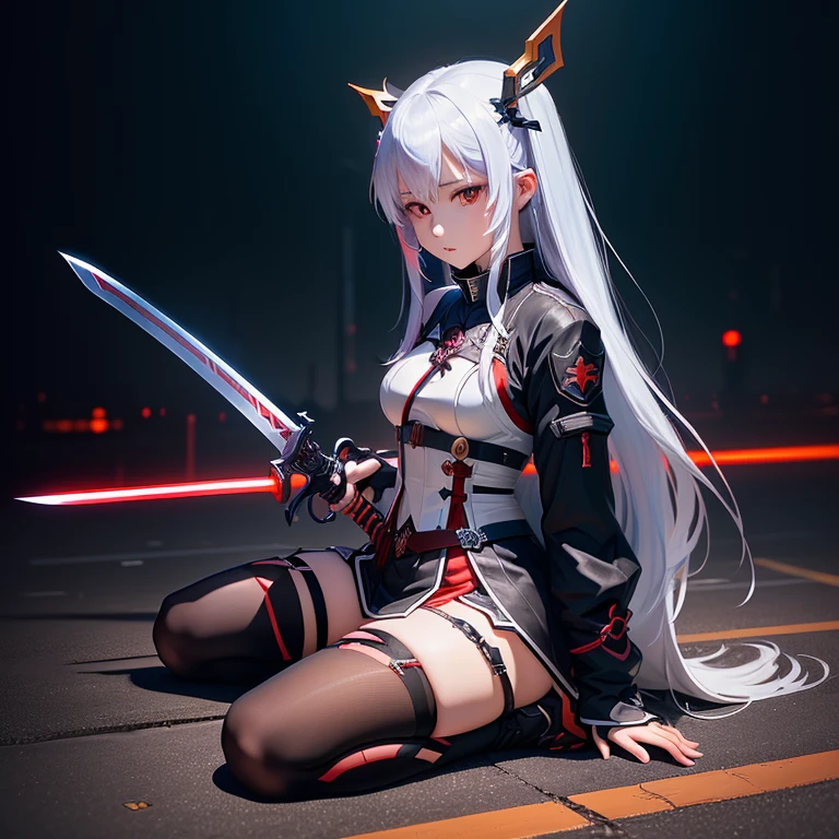 Anime girl holding a sword sitting on the ground in red light, from Arknights, long, Nightcore, White-haired God, Devil Anime Girl, ayanami, by ヤン・J, Keqing of Genshin Impact, Arknights, Anime Wallpaper, Gapmoe Yandere Grimdark, ayaka genshin impact, Demon Slayer Louis Fan Art, pixiv Daily Ranking