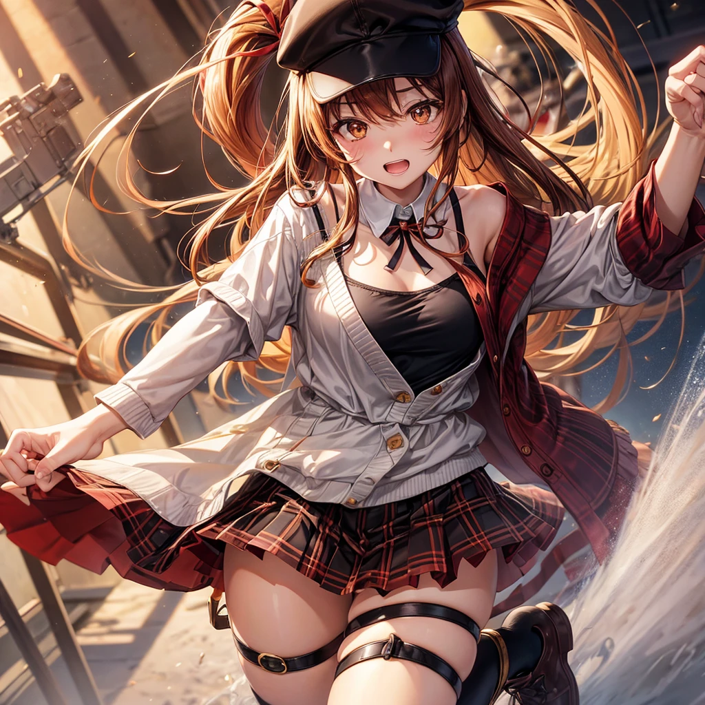 Red, brown, gold, gold hair、Golden Eyes、Hair tied up、One good looking girl、solo、anime、Checkered mini skirt、Ruffles on the skirt、camisole、camisole、Lightweight cardigan、Black knee-high socks、Wearing a baseball cap、Wearing a ribbon、Ribbon on waist、Tilting face、Teeth are visible、Sunset sky、There's a hole in the clouds、Contrail、Cumulonimbus、Silver coin necklace、shine、From above、bell、clock tower、Sparks are flying、High five