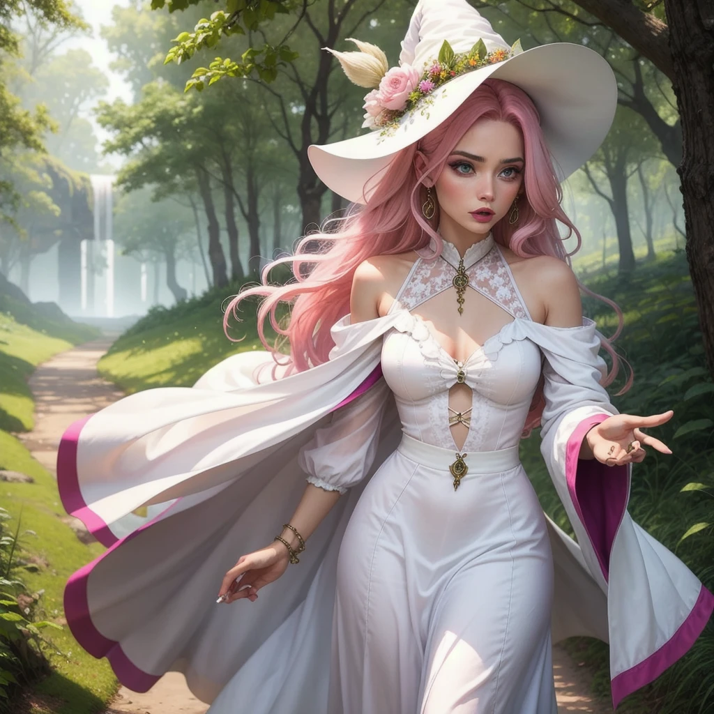make a woman, with pink hair and white clothes like a nature witch