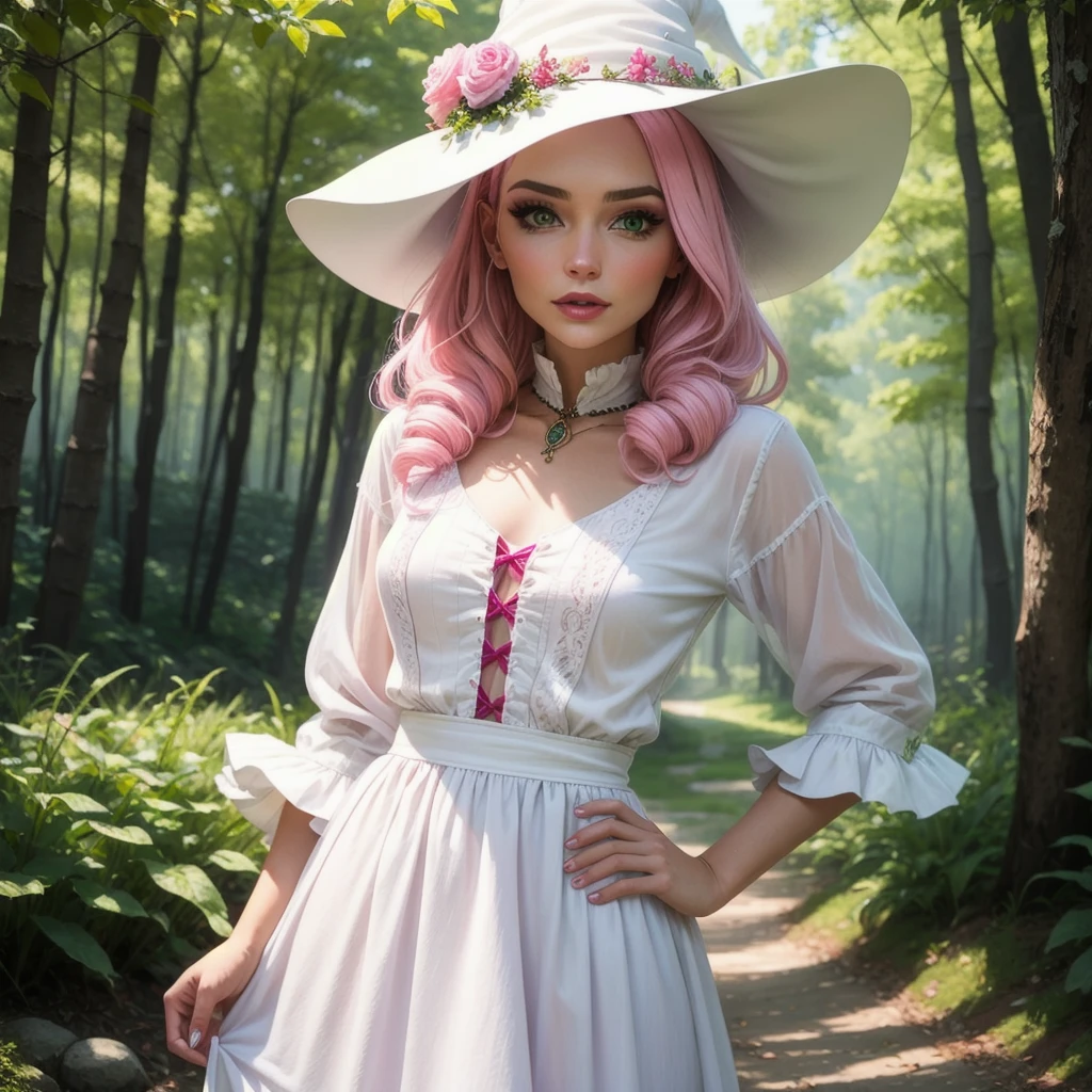 make a woman, with pink hair and white clothes like a nature witch