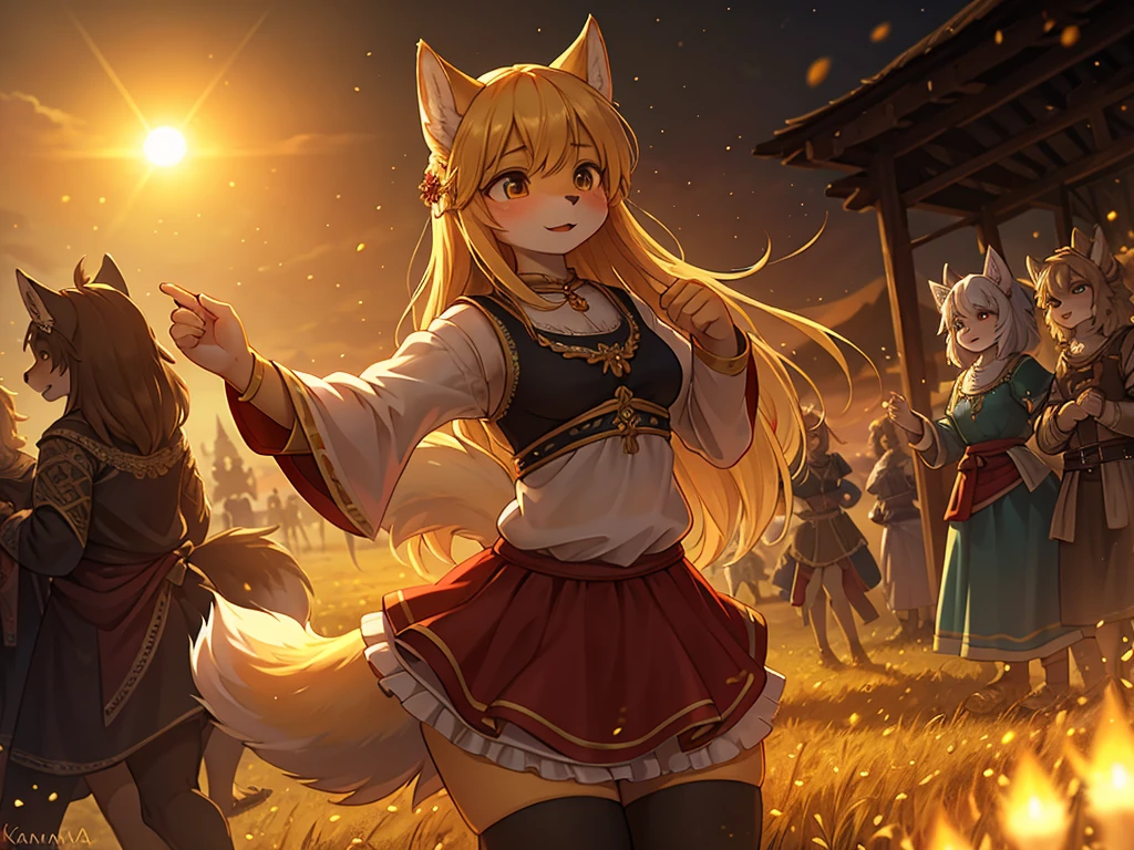 Hallucination, daydream , nightmare , bokeh , messy Wolves and sheeps dancing in a sea of ​​golden wheat , sun set , dancing blur , Clothing of peasant women in medieval Europe , Sexual freak festival , Feeling open-minded and bold , Kama Sutra