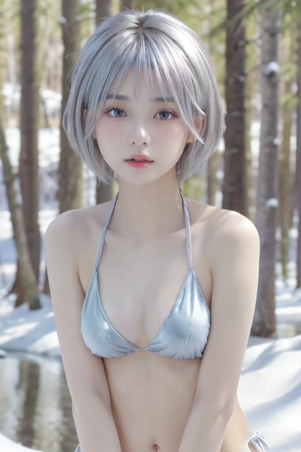 (Masseter region:1.3)、Naked in the midwinter forest:1.7、A girl trapped in the winter forest:1.4、(((25-year-old woman:1.5)))、(8k、Realistic、RAW Photos、highest quality: 1.4)、(One Girl)、Beautiful Face、((Small, flat chest:1.5))、(((In a micro bikini:1.5)))、((極小のIn a micro bikini:1.5))、(Realistic Face)、(Silver Hair、short hair:1.3)、Beautiful Hairstyles、Realistic eyes、Beautiful details、(Realistic Skin)、Beautiful skins、(very good)、More ridiculous、charm、超High resolution、Surreal、Very detailed、Golden Ratio、Amber Eyes、Snow Forest、Fantastic World、Small breasts、(Wearing makeup:1.3)、Open your mouth