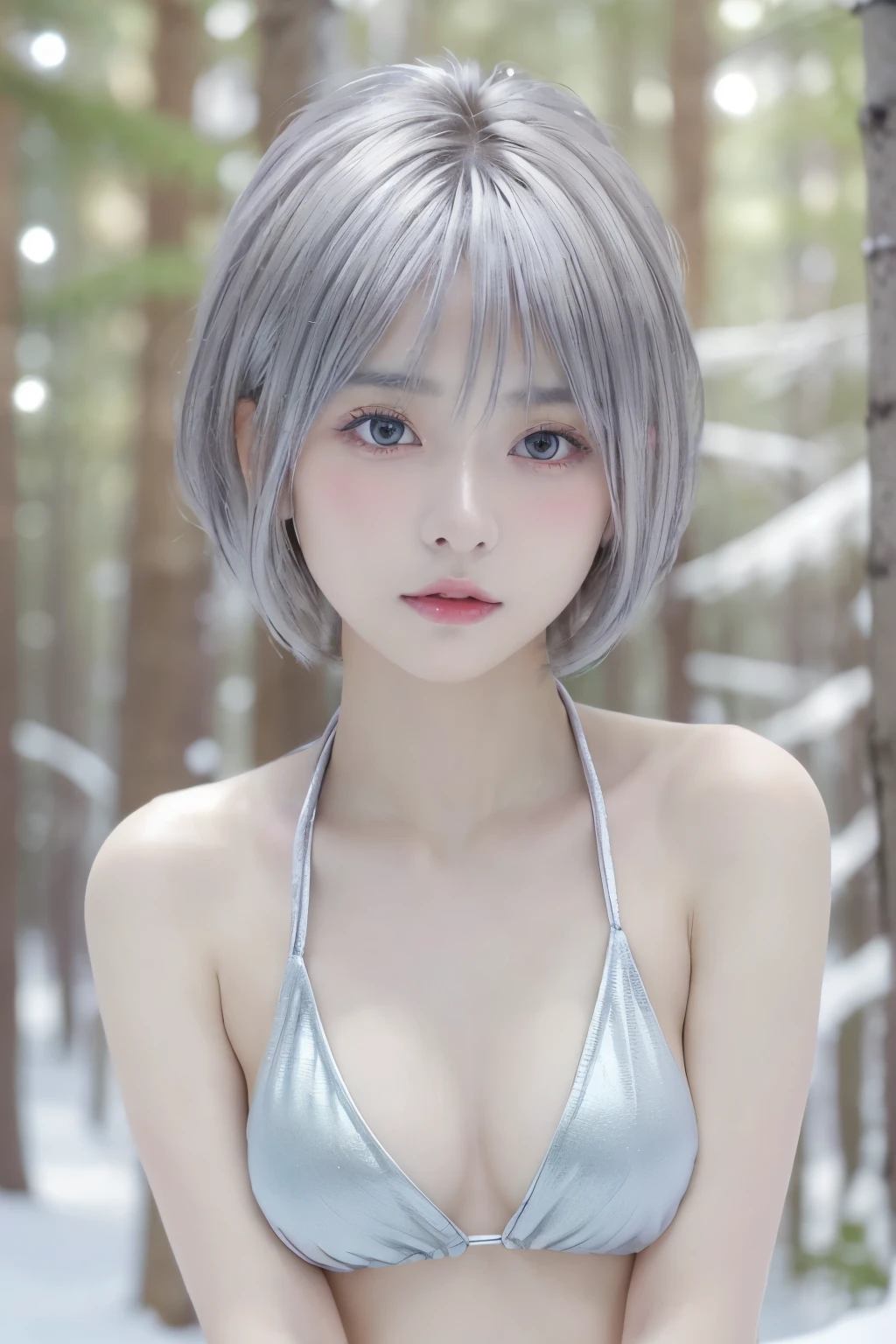 (Masseter region:1.3)、Naked in the midwinter forest:1.7、A girl trapped in the winter forest:1.4、(((25-year-old woman:1.5)))、(8k、Realistic、RAW Photos、highest quality: 1.4)、(One Girl)、Beautiful Face、((Small, flat chest:1.5))、(((In a micro bikini:1.5)))、((極小のIn a micro bikini:1.5))、(Realistic Face)、(Silver Hair、short hair:1.3)、Beautiful Hairstyles、Realistic eyes、Beautiful details、(Realistic Skin)、Beautiful skins、(very good)、More ridiculous、charm、超High resolution、Surreal、Very detailed、Golden Ratio、Amber Eyes、Snow Forest、Fantastic World、Small breasts、(Wearing makeup:1.3)、Open your mouth
