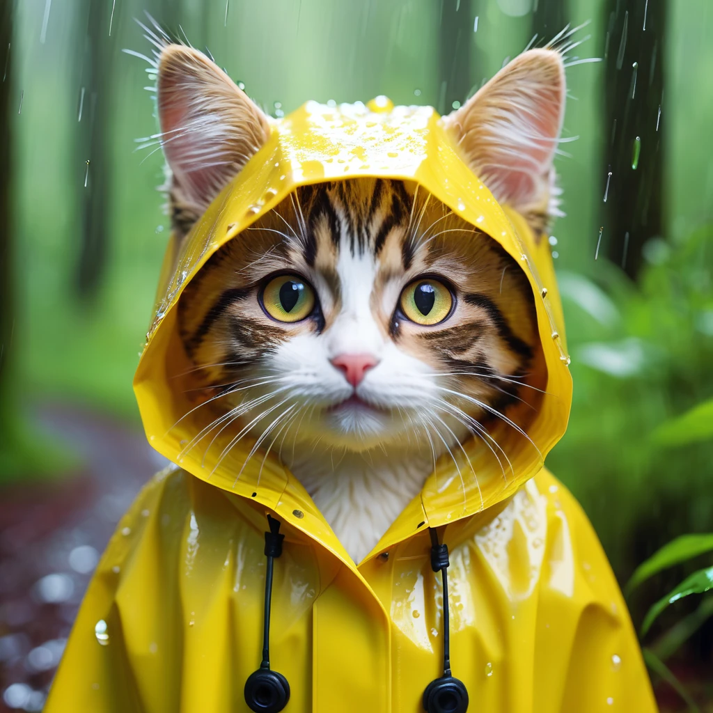 8k, realistic, girl, CircuitBoardAI, tiny cute (happy1.4) cat in a (yellow raincoat1.3) in the woods, rain, a character portrait, Tilt-shift, bokeh
