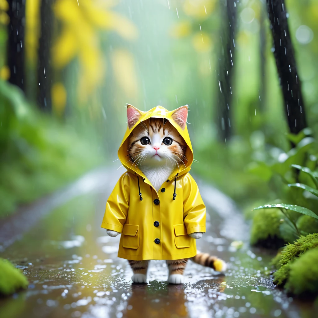 8k, realistic, girl, CircuitBoardAI, tiny cute (happy1.4) cat in a (yellow raincoat1.3) in the woods, rain, a character portrait, Tilt-shift, bokeh